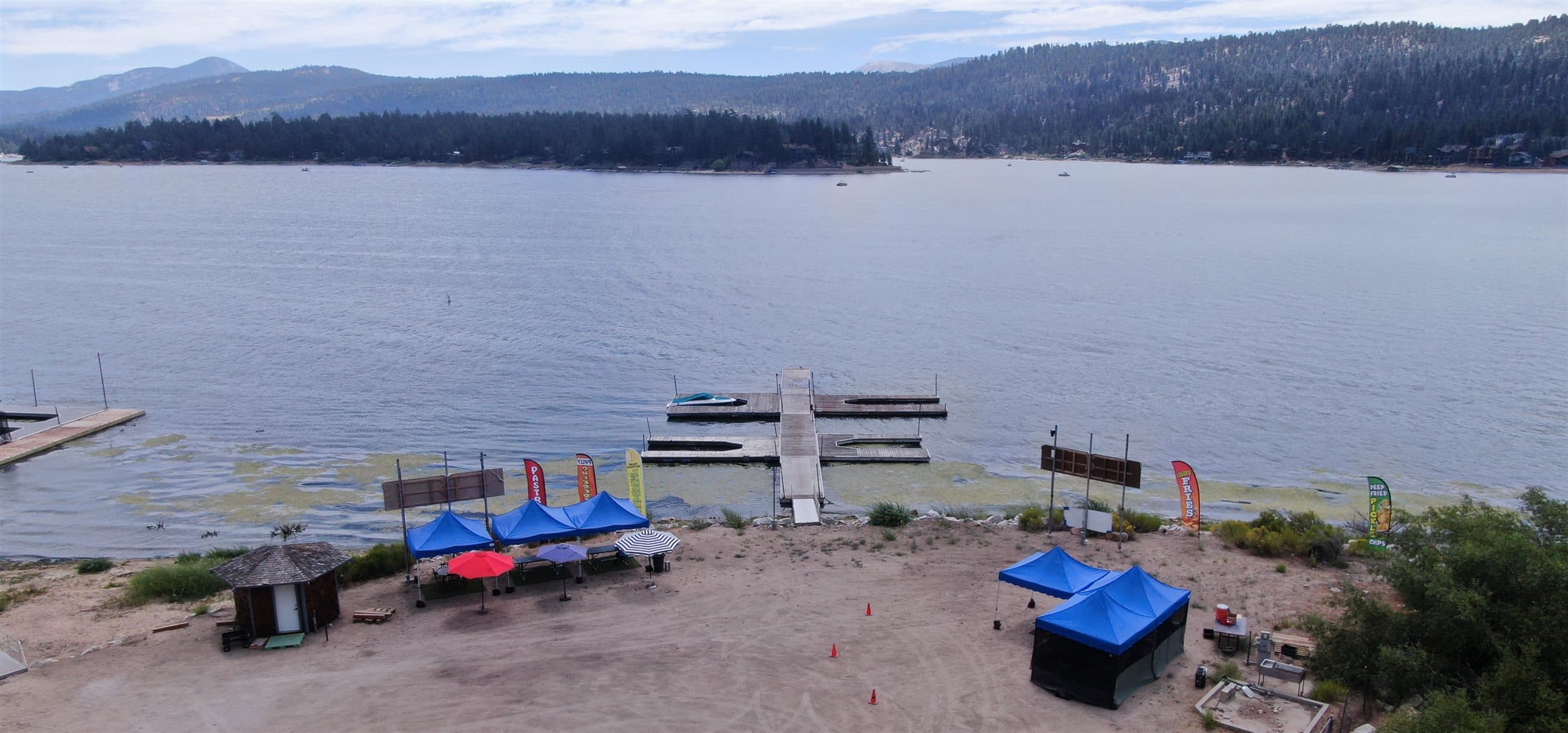 Aerial view of the B&M Foods stand and dock at Grays Hook Line ’n’ Dine on Big Bear Lake